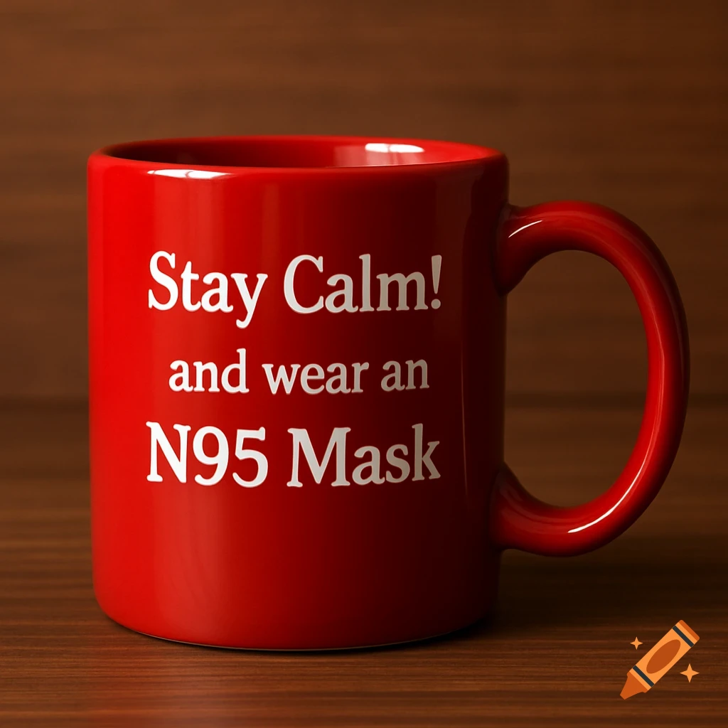 A red coffee mug with the white text 'Stay Calm! and wear an N95 Mask' on a wooden table.