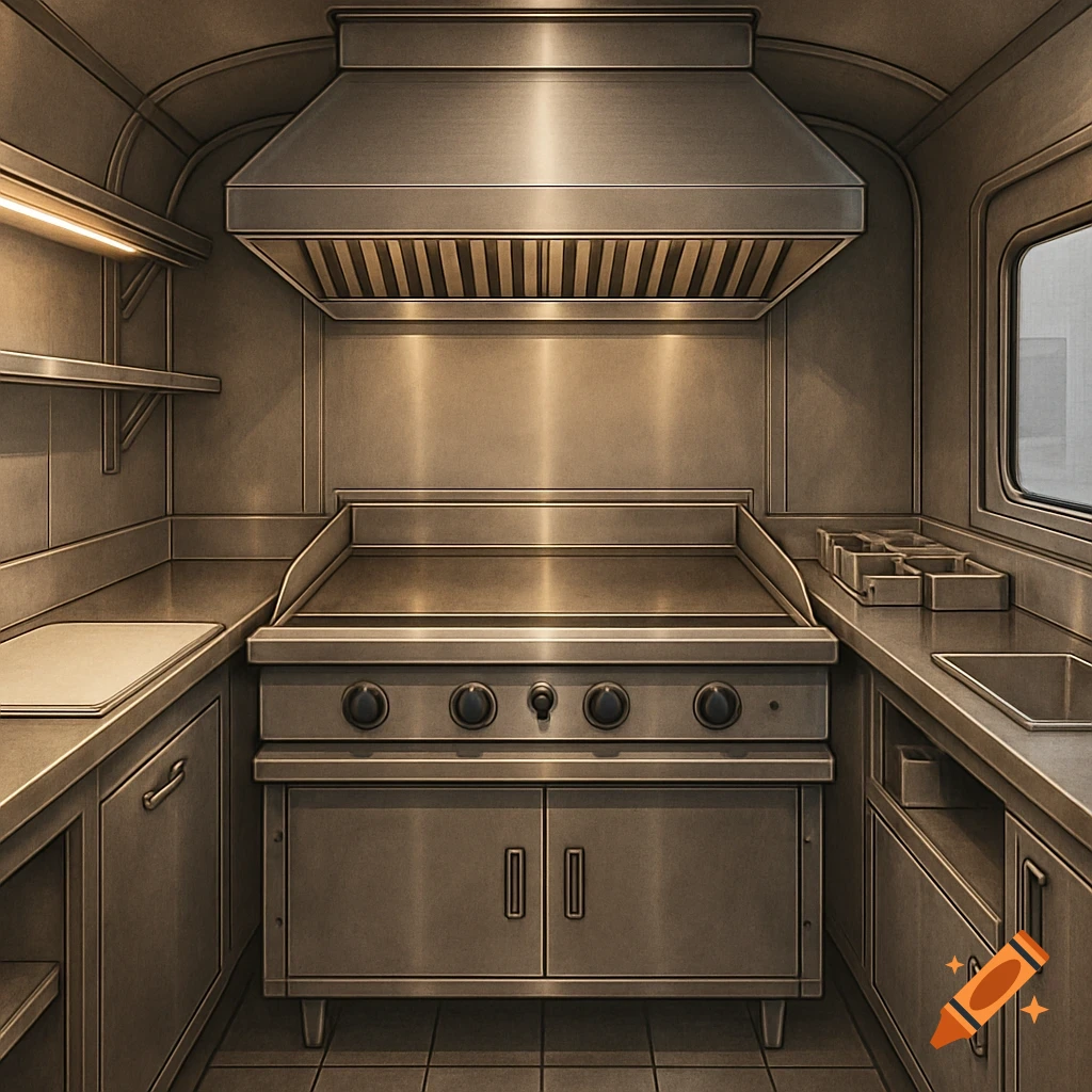 A clean, stainless steel commercial kitchen inside a food truck, featuring a large flat grill, exhaust hood, shelves, and a sink.
