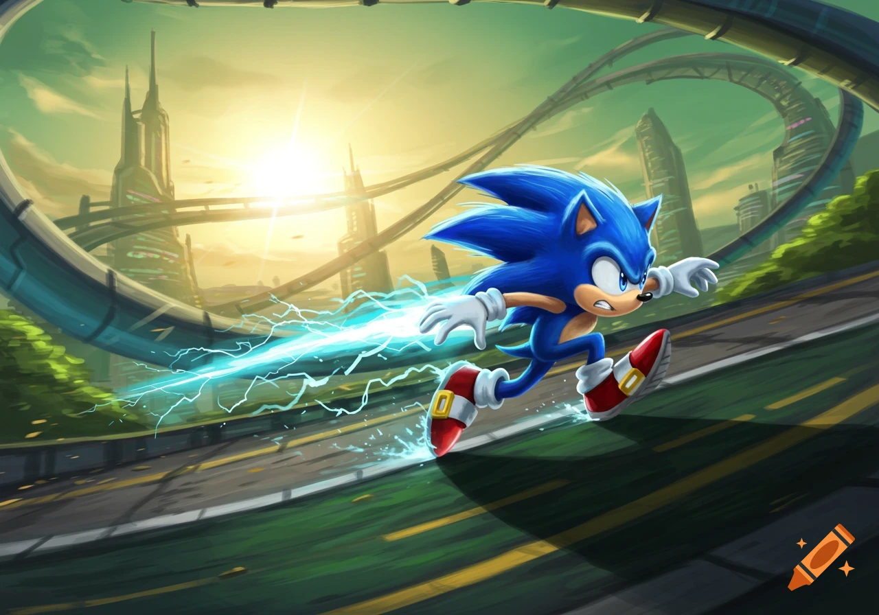 Blue hedgehog Sonic running at super speed with a lightning trail through a futuristic city with curved tracks at sunset.