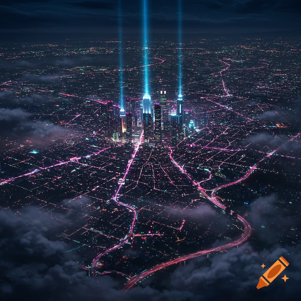 An aerial, futuristic cityscape at night with glowing pink roads and blue light beams from skyscrapers.