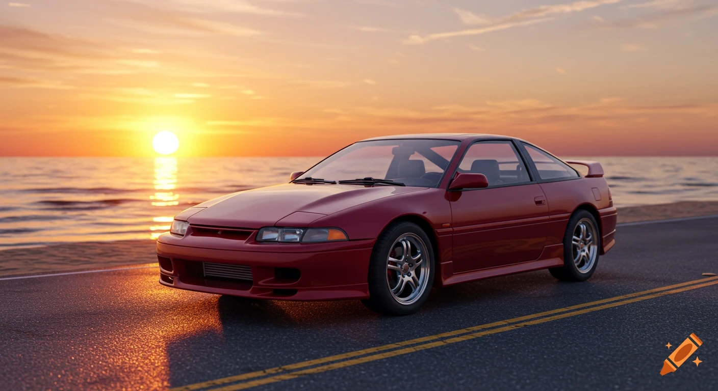 A red 1997 Mitsubishi Eclipse sports car parked on an asphalt road at sunset by the ocean.
