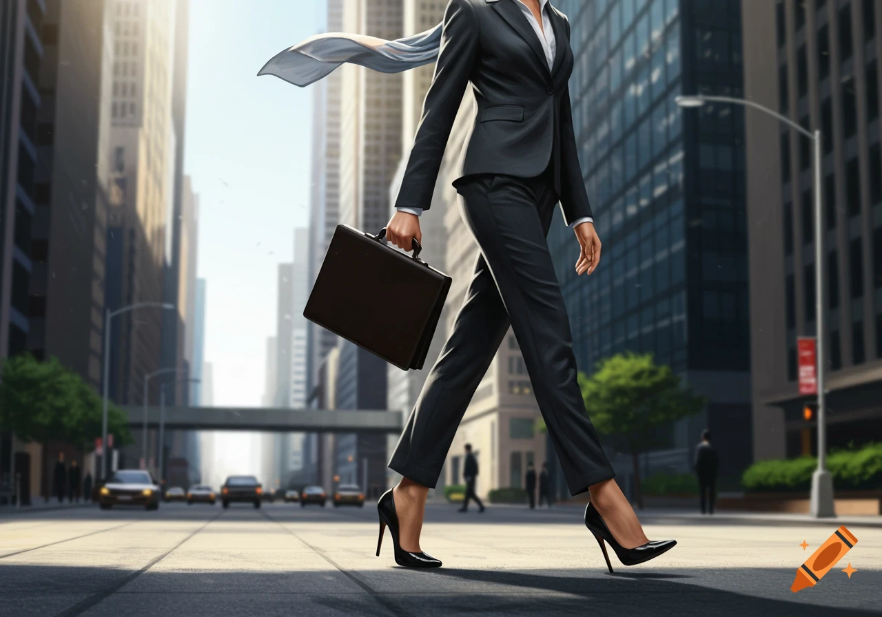 A photorealistic image of a business woman in a dark suit and high heels, walking with a briefcase on a sunny city street.