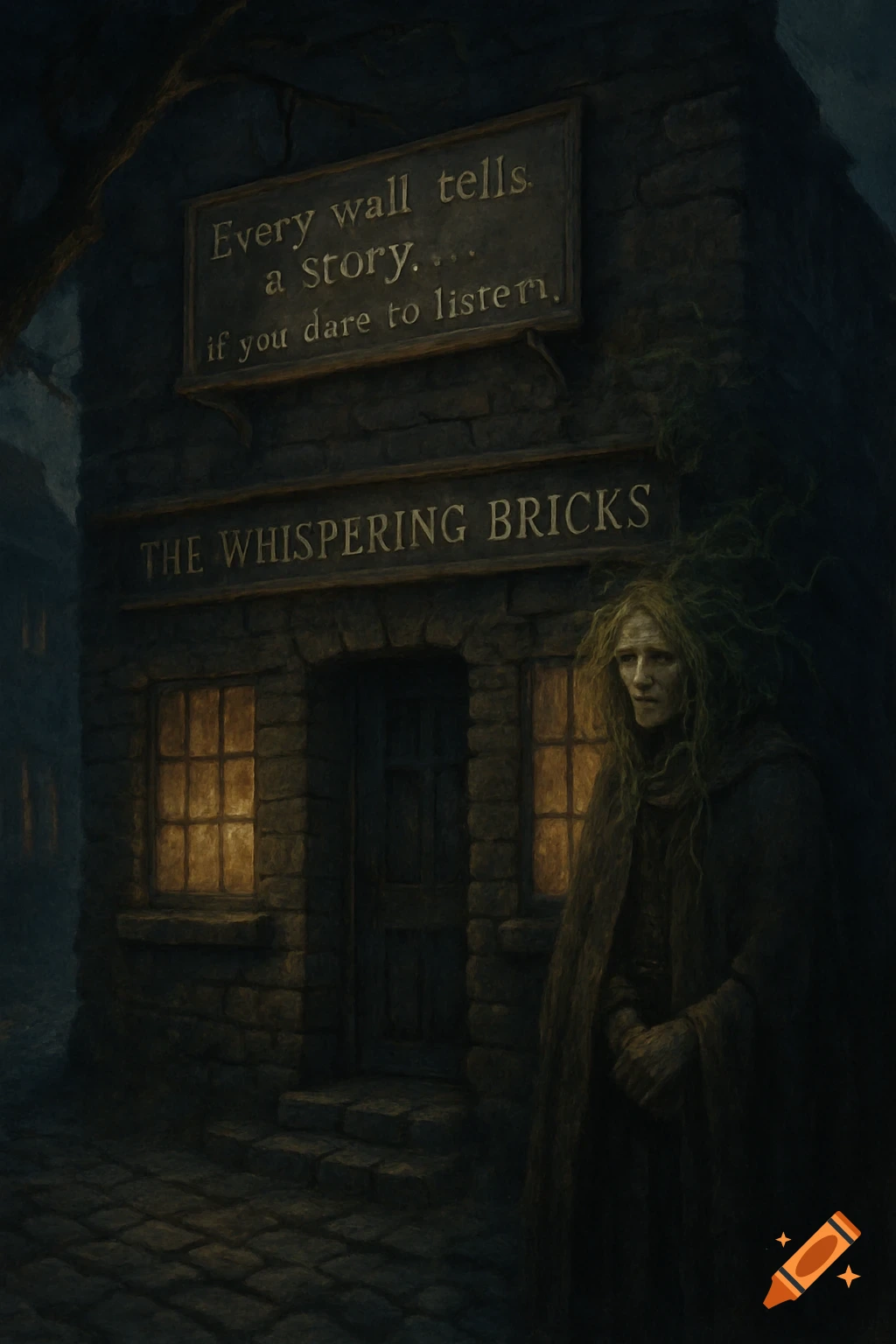 A dark, atmospheric painting of an old stone building called "The Whispering Bricks" with a sign reading "Every wall tells a story... if you dare to listen." A mysterious, gnarled figure with long, matted hair stands in front, illuminated by the building's warm window light, on a cobblestone path.