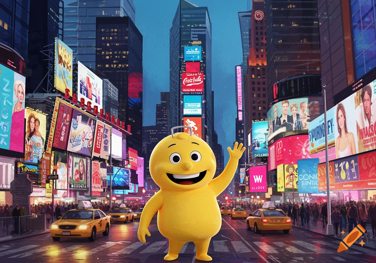 A smiling yellow cartoon character, Mr. Chips, waves in the middle of a busy New York City street at dusk, surrounded by illuminated billboards and yellow taxis.