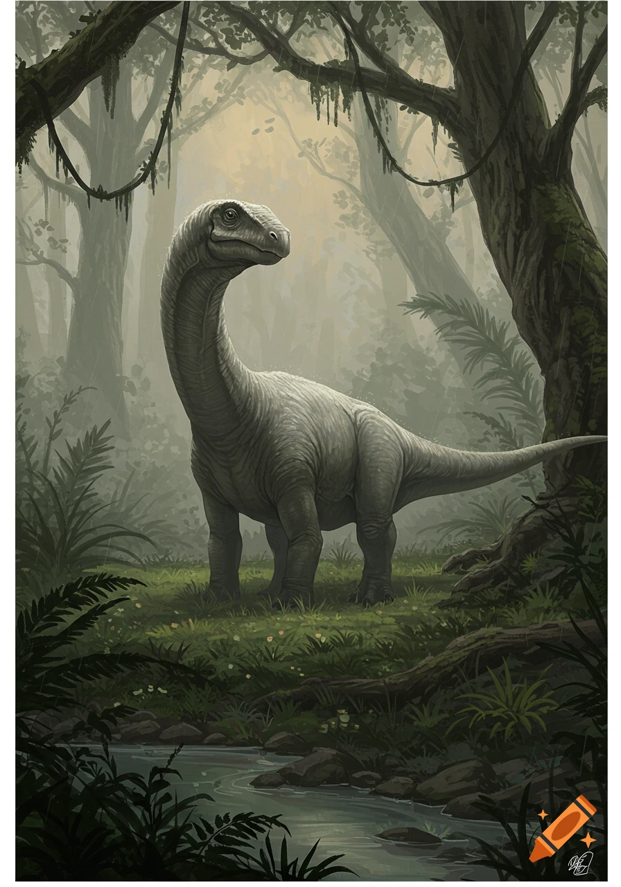 A long-necked dinosaur stands in a misty, lush green jungle with a small stream in the foreground.