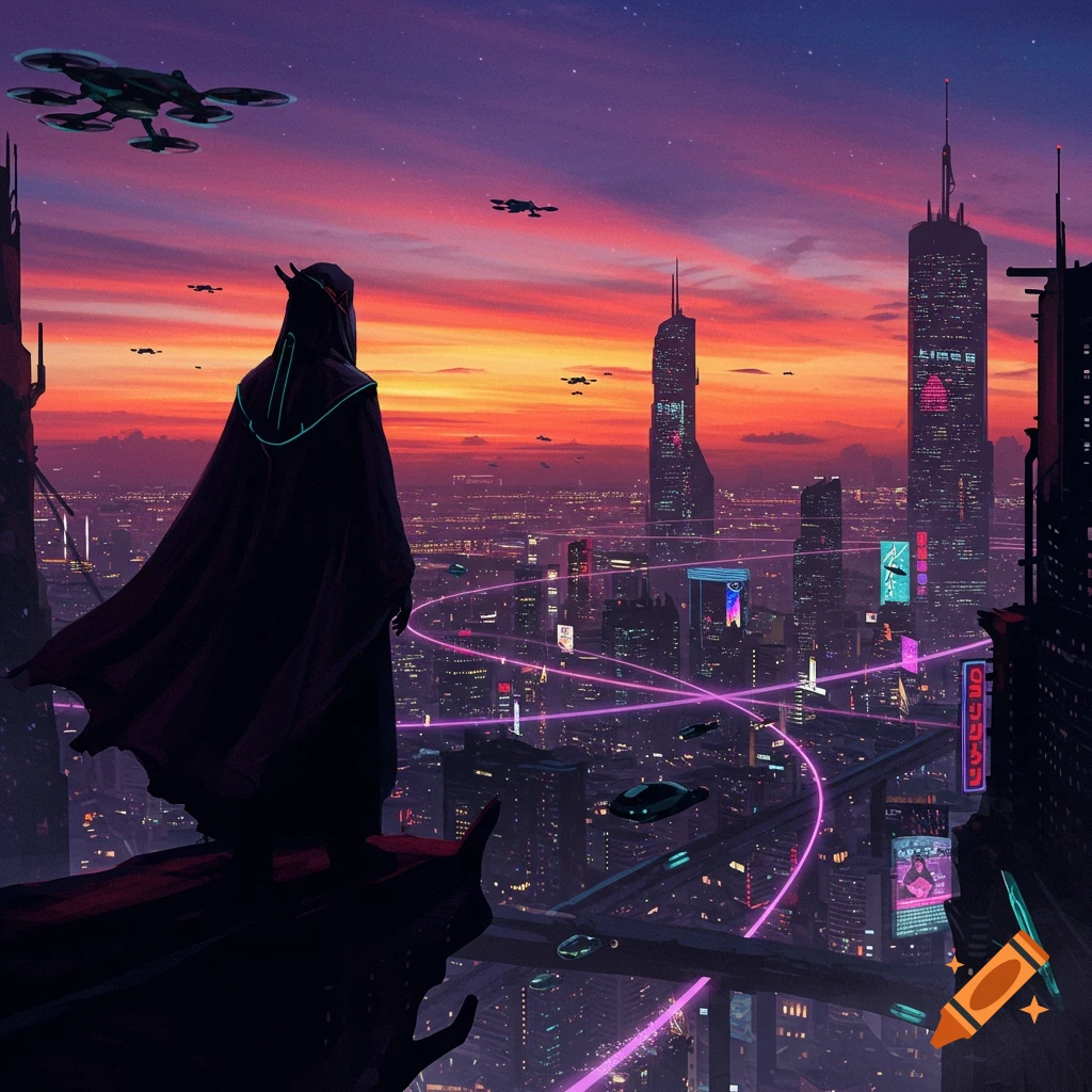 A cloaked figure overlooks a sprawling futuristic cityscape at sunset, with flying vehicles and neon-lit buildings. Digital art.
