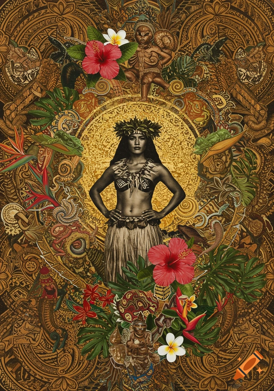 A Polynesian woman in traditional attire stands amidst an ornate collage of Samoan patterns and tropical flowers.