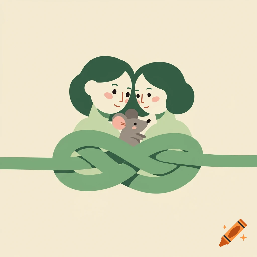 A minimalist illustration of two green-haired figures intertwined by a green knot, holding a small grey mouse.