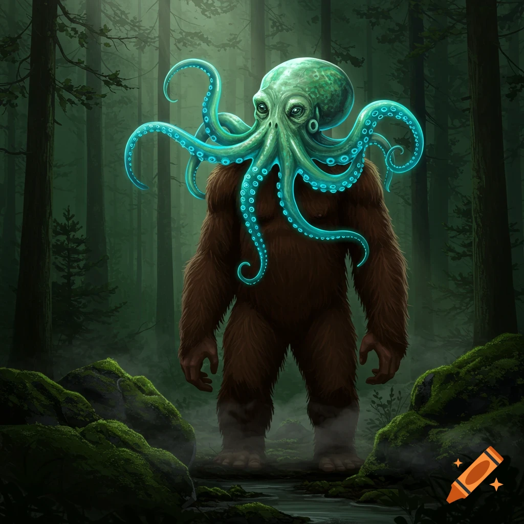 A furry brown Bigfoot-like creature with a green octopus head and glowing blue tentacles stands in a dark, misty forest.
