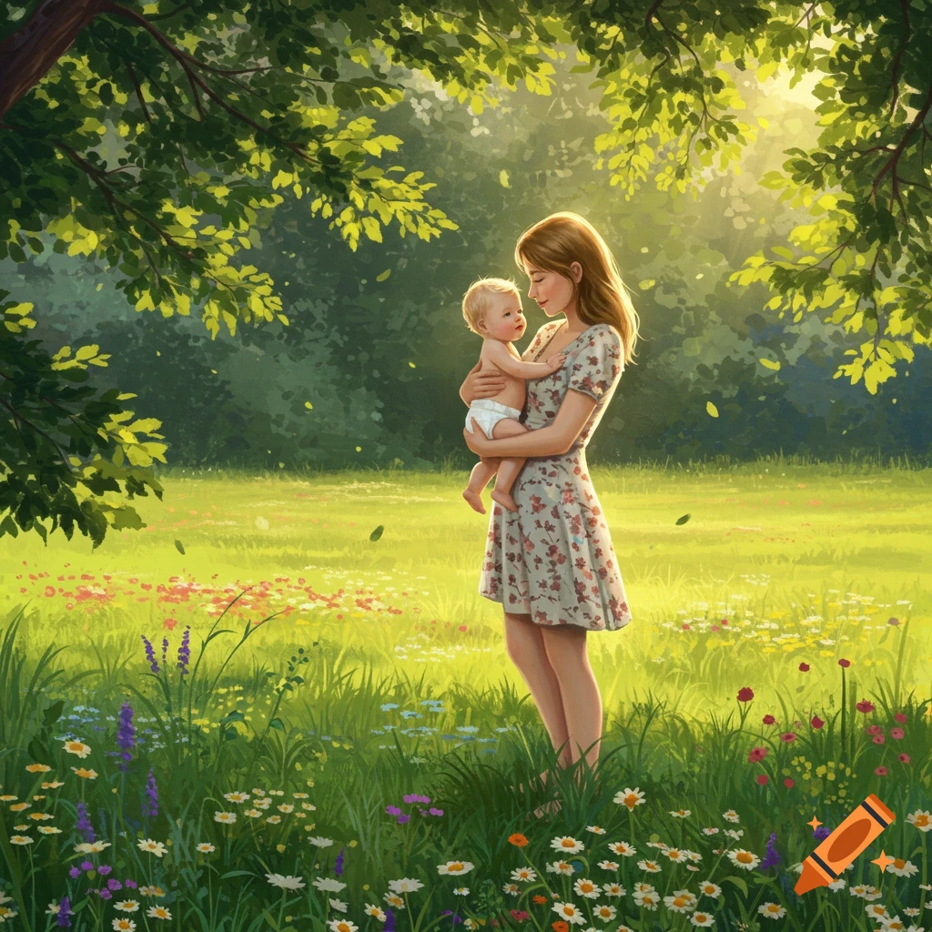 An illustrative image of a mother holding her baby in a sunlit field surrounded by wildflowers and green trees.