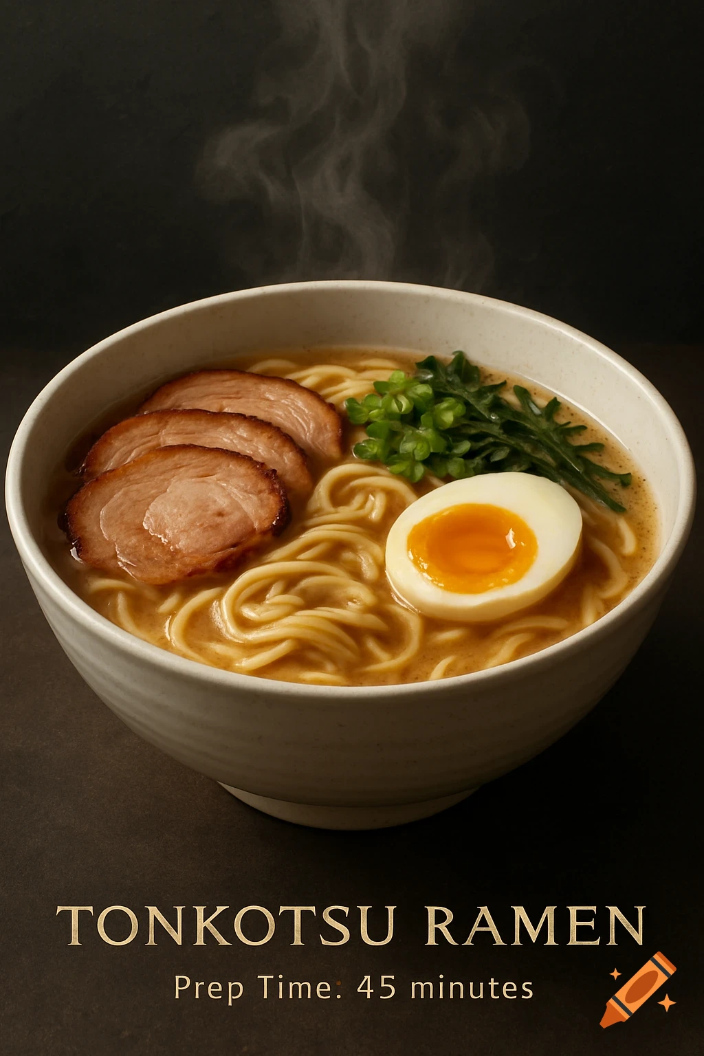 Steaming bowl of tonkotsu ramen with chashu, egg, and green onions on a dark background, with recipe text.