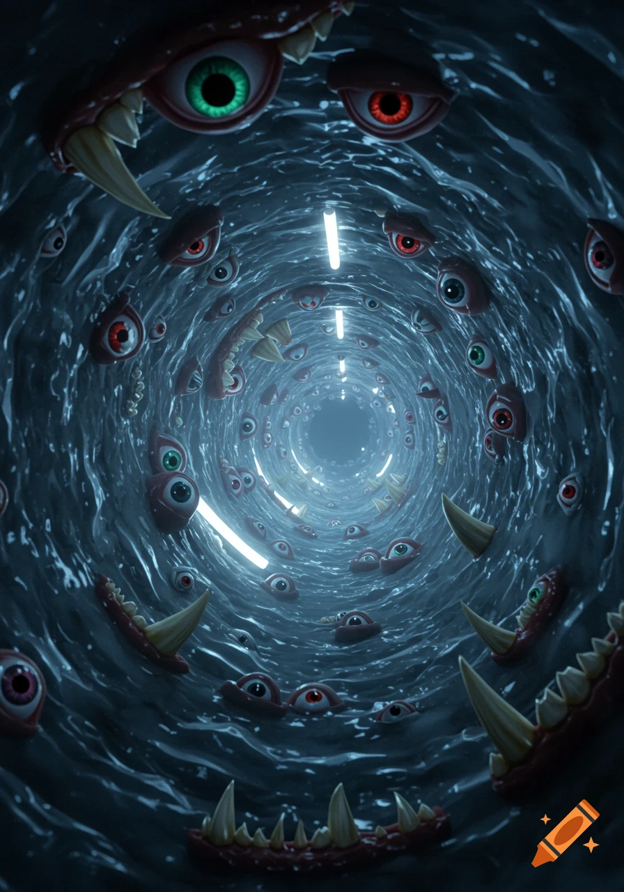 A dark, ominous tunnel with walls covered in numerous large, colorful eyes and sharp teeth, illuminated by vertical lights.