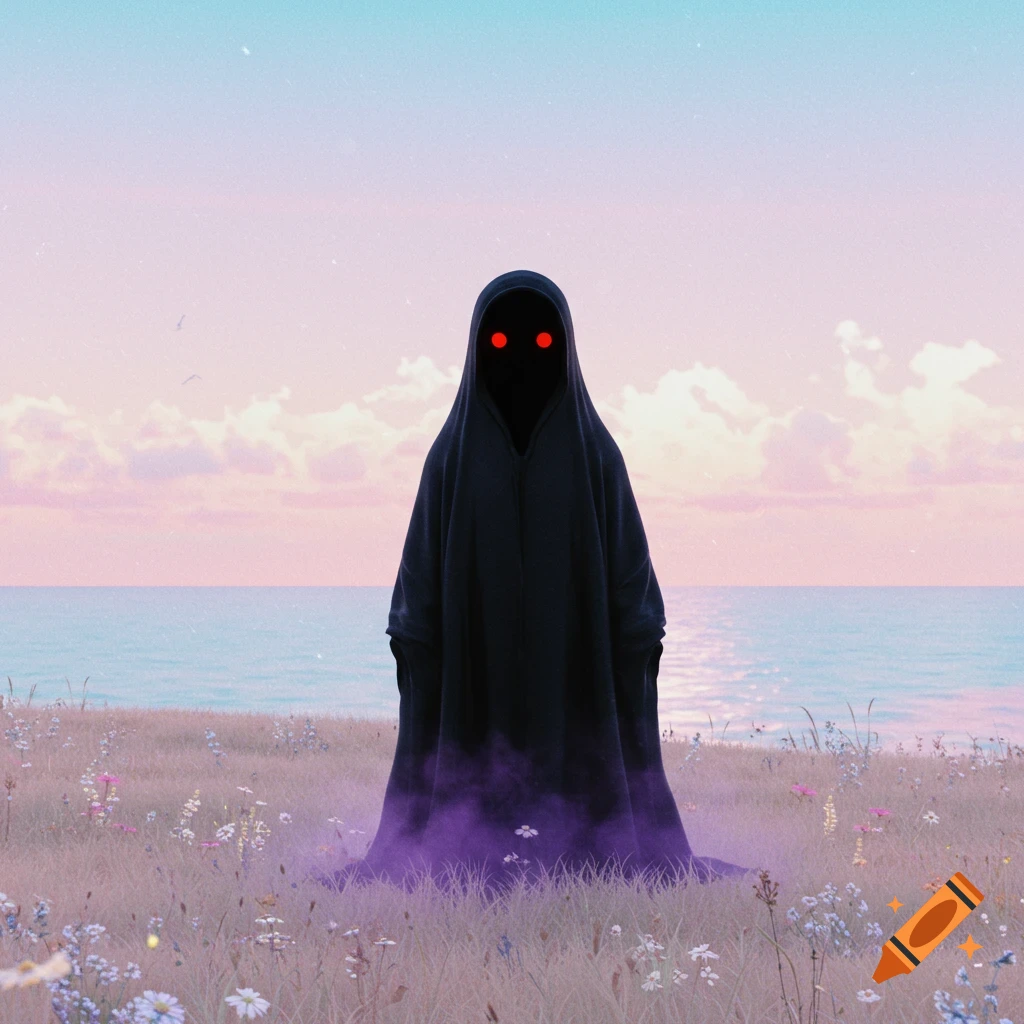 A dark, hooded figure with glowing red eyes stands in a field of wildflowers by the ocean under a pastel sky, with purple mist at its feet.