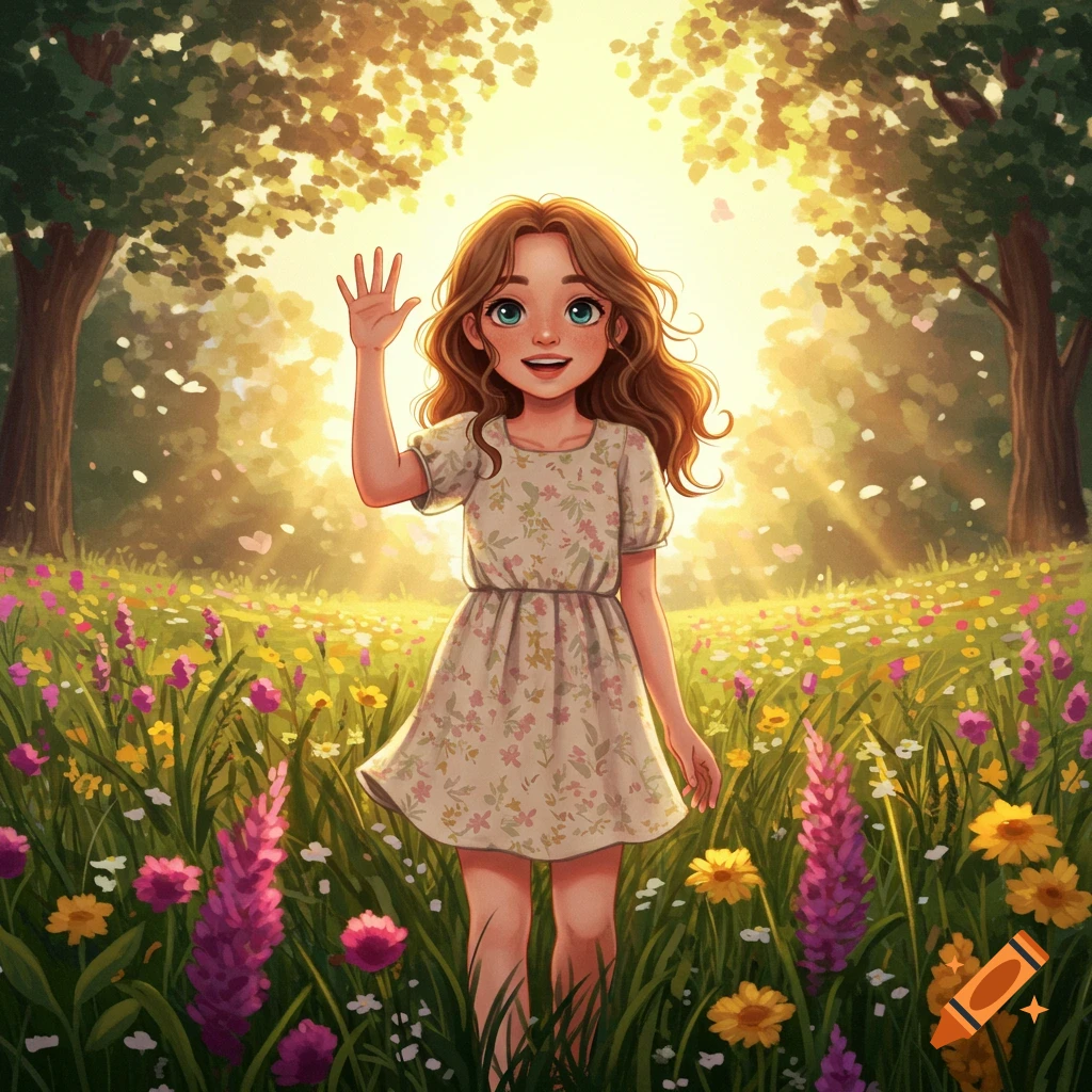 An illustrated girl with brown hair and a floral dress stands in a field of wildflowers, waving with a big smile, sunlight filtering through trees.
