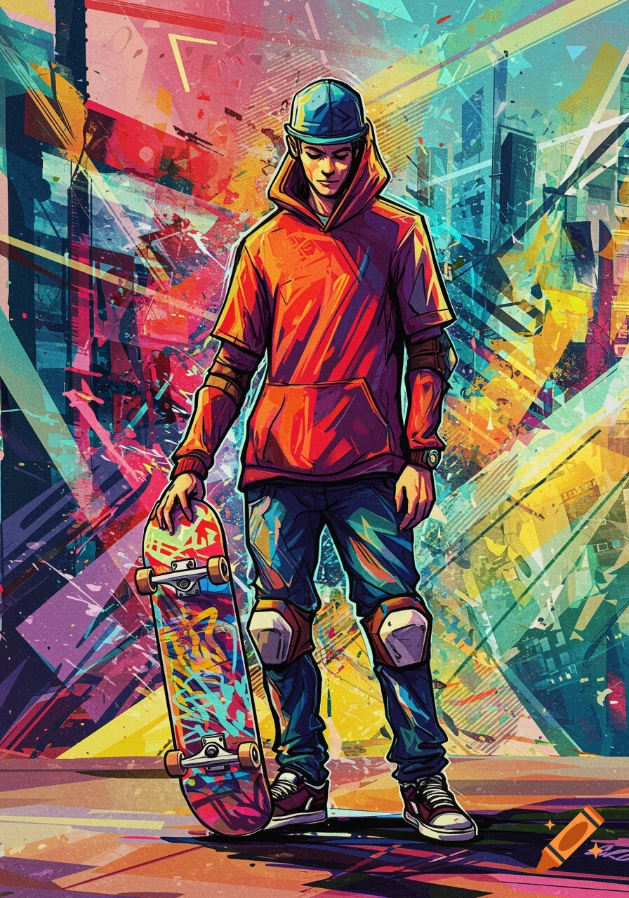 A vibrant, abstract art illustration of a man in a hoodie and kneepads holding a skateboard, set against a colorful, geometric cityscape.