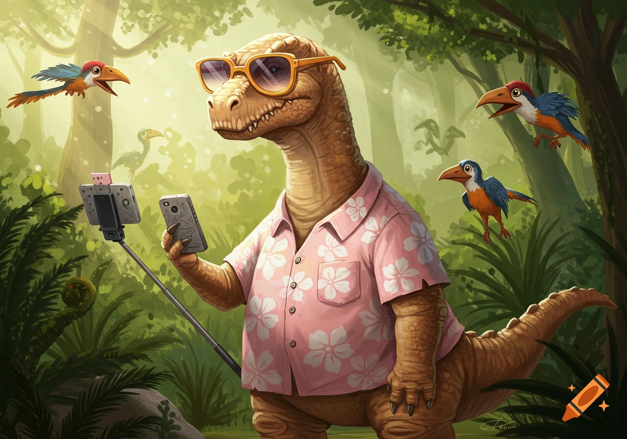 A cartoon dinosaur wearing sunglasses and a pink Hawaiian shirt takes a selfie with a phone on a selfie stick in a lush green jungle. Two small birds fly nearby.