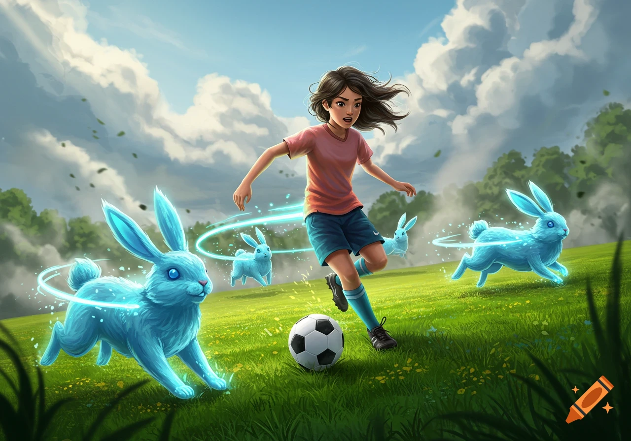 An illustration of a young girl playing soccer on a grassy field, surrounded by glowing blue bunnies.