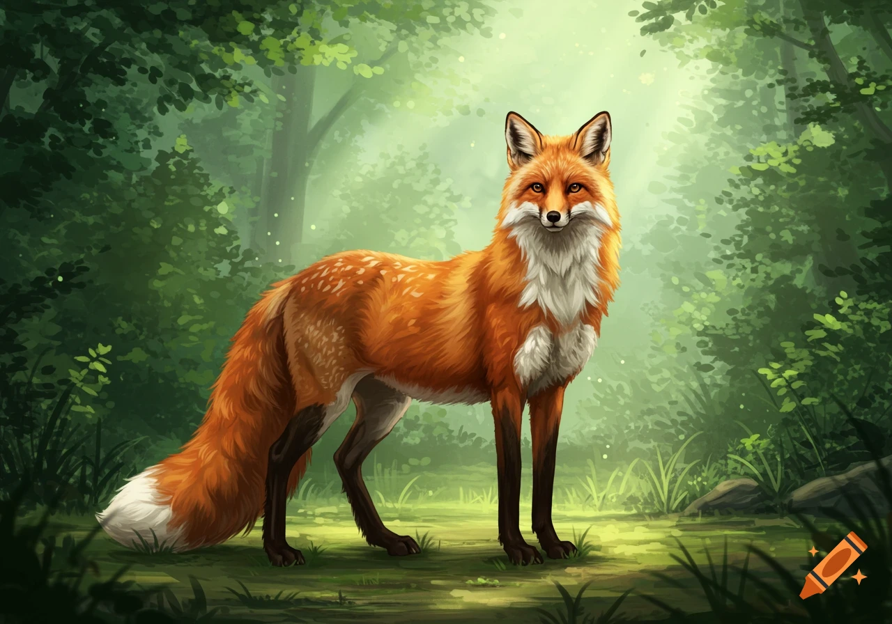 A majestic orange fox with long dark legs stands in a mystical green forest with dappled light.