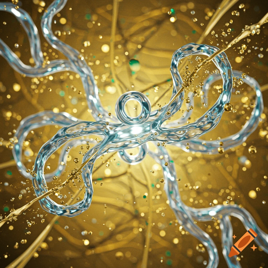 Blue translucent fluid structures intertwine with golden liquid droplets against a gold shimmering background in a photorealistic abstract.