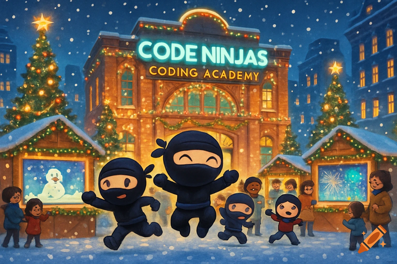 Cartoon ninjas and children celebrate Christmas outside a "Code Ninjas Coding Academy" building, snowing softly.