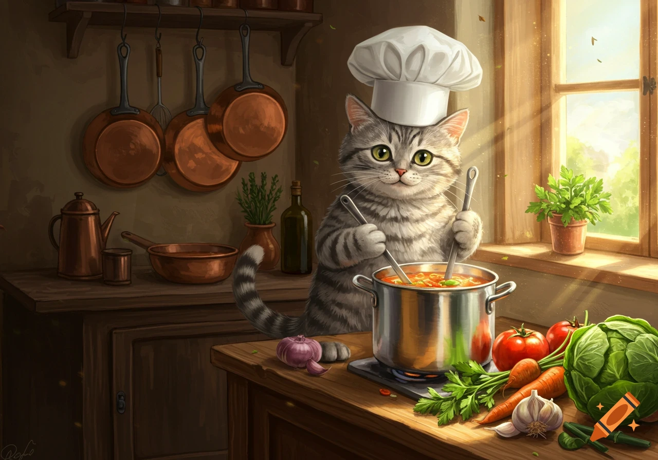 An illustrated grey tabby cat wearing a chef's hat stirs soup in a pot in a rustic kitchen.