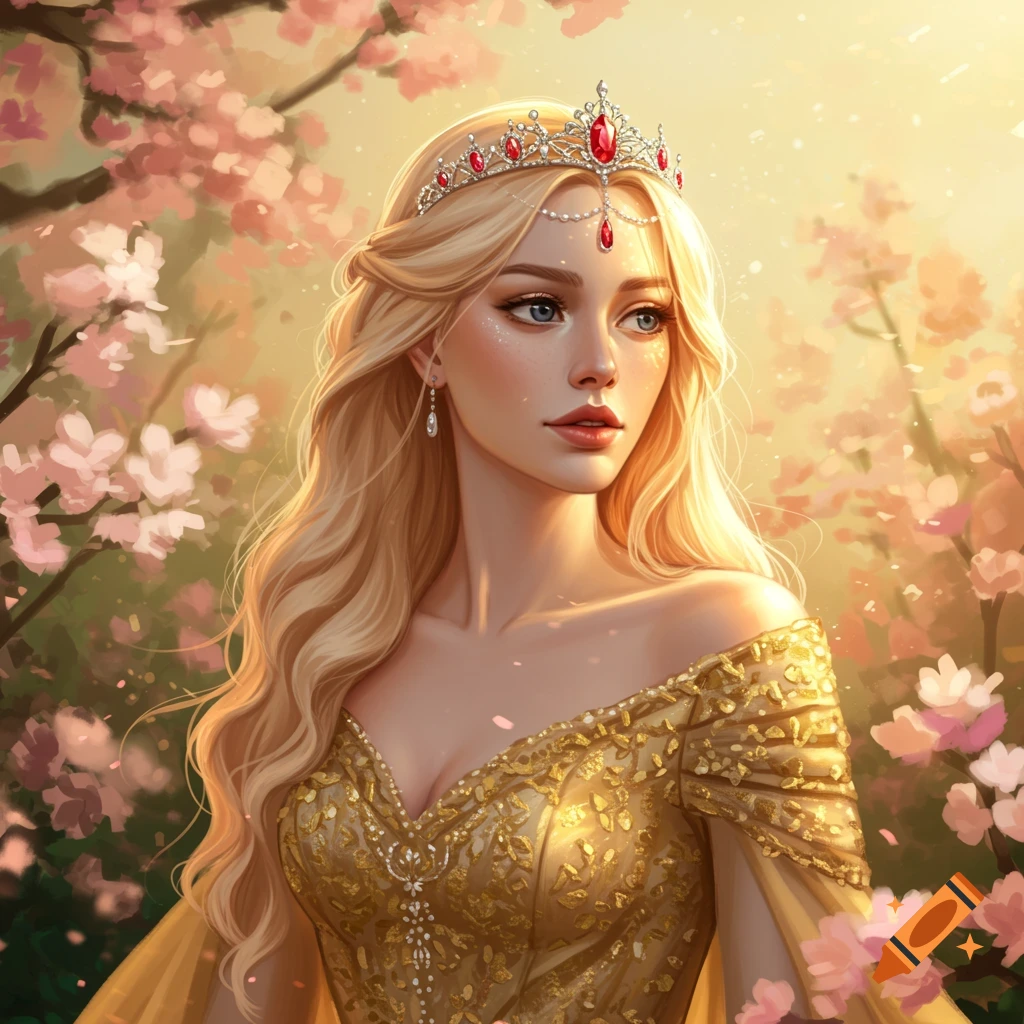 A radiant blonde woman in a gold dress and ruby-studded tiara, standing among pink cherry blossoms in a vibrant, sunlit fantasy setting.