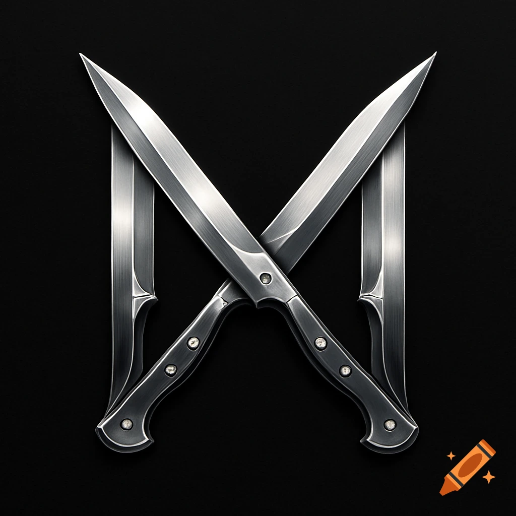 A metallic logo in the shape of the letter M, formed by two crossed knives on a black background.