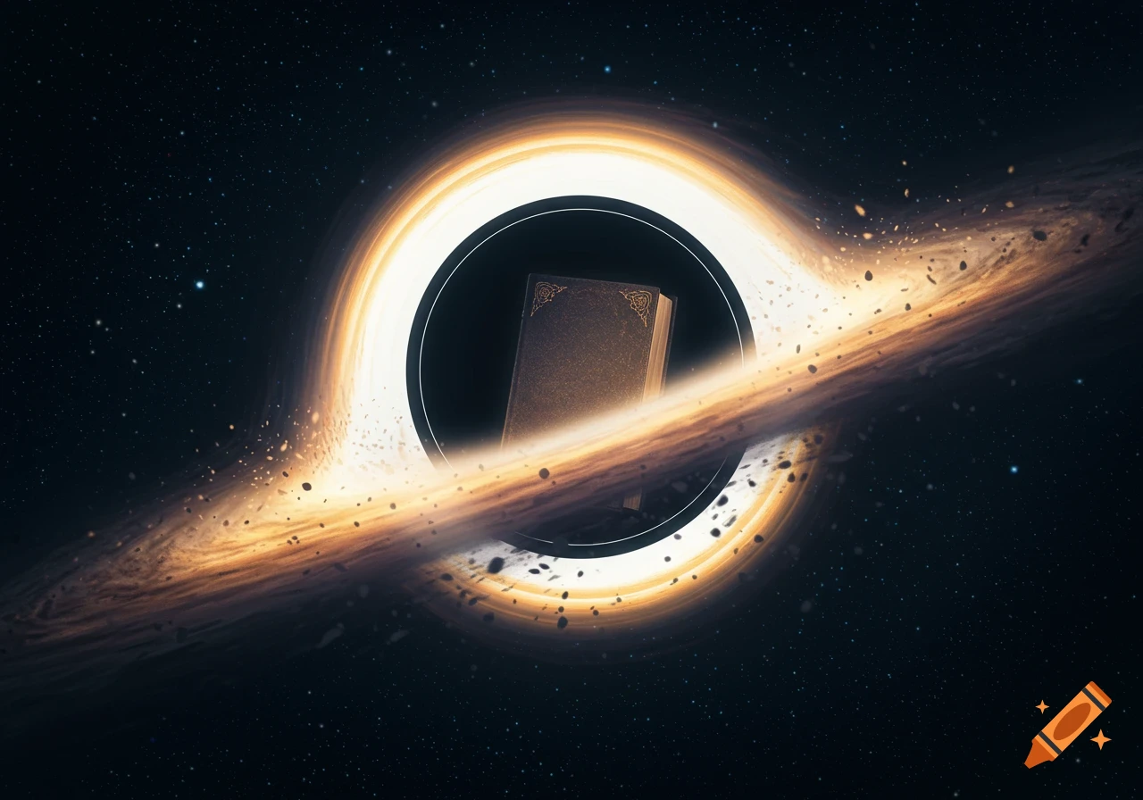 A dark, ancient-looking book floats within the bright, glowing accretion disk of a black hole in space, surrounded by stars.