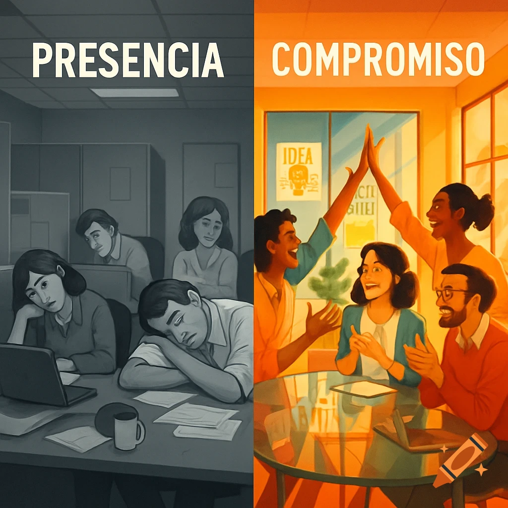 Illustration showing two office scenes divided vertically. The left side, in grayscale, depicts bored and sleeping employees. The right side, in color, shows an energetic, collaborative team high-fiving. Titles read 'PRESENCIA' and 'COMPROMISO'.