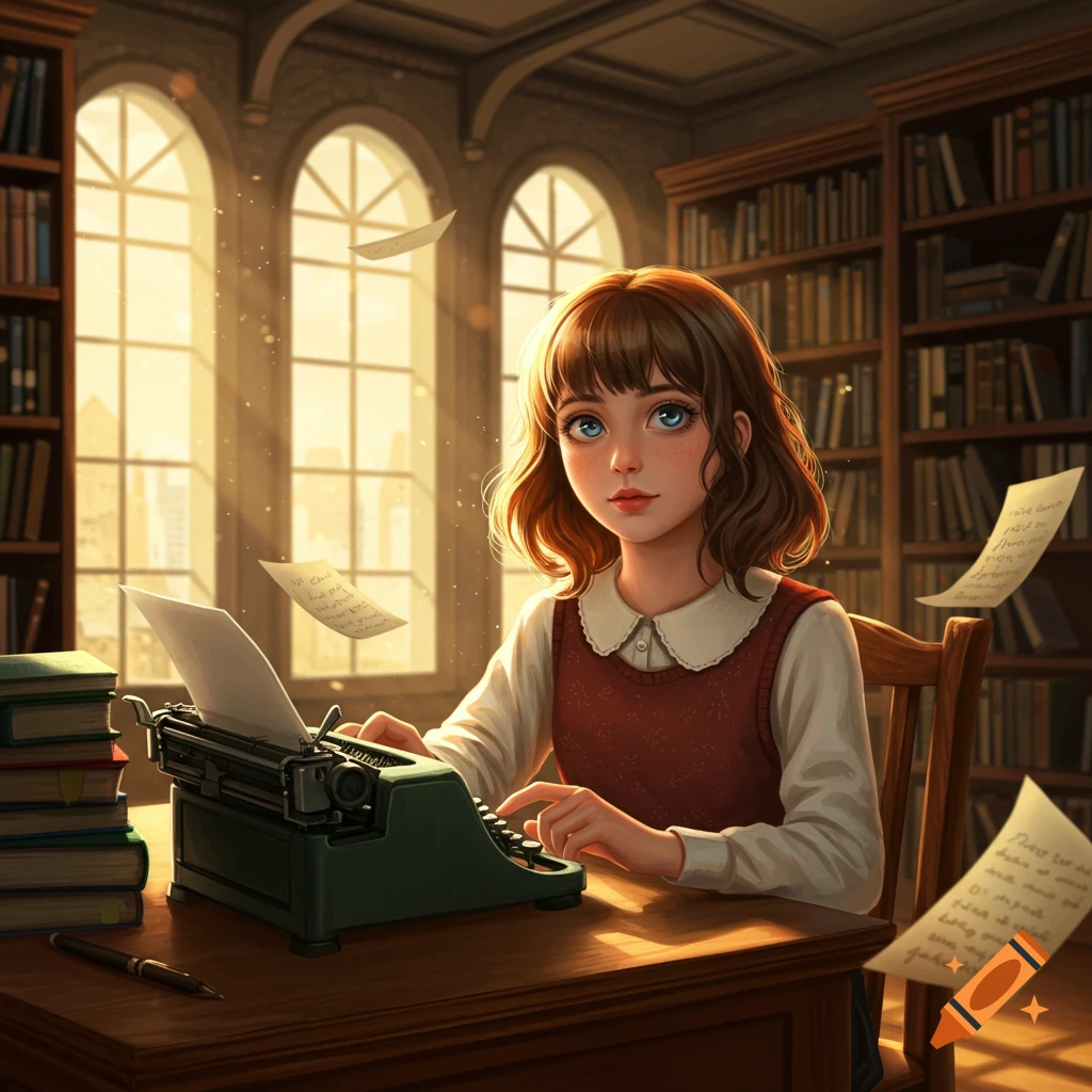 An anime-style illustration of a girl with brown hair typing on a vintage typewriter in a sunlit library.