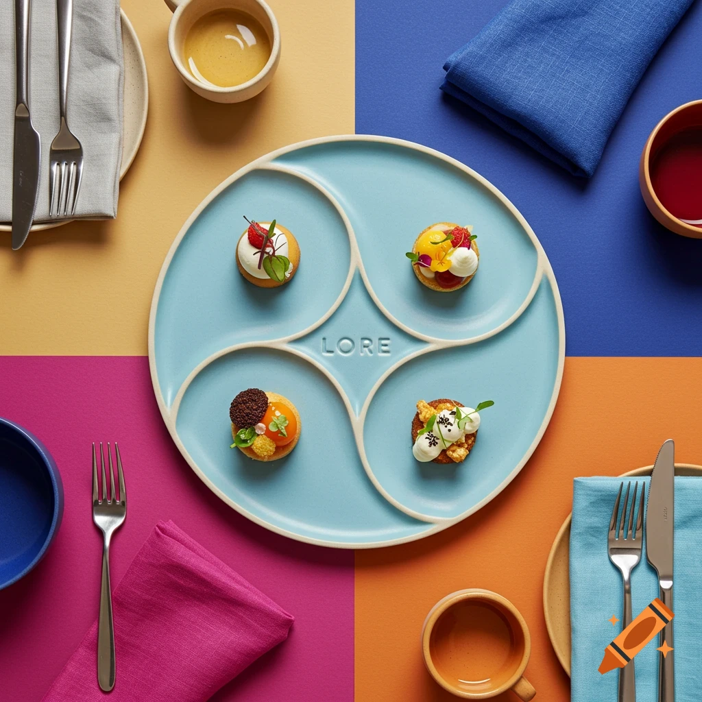 Top-down view of a colorful dining table with a light blue multi-compartment plate spelling LORE, holding four different gourmet dishes. Cutlery, napkins, and cups in vibrant colors surround the plate.