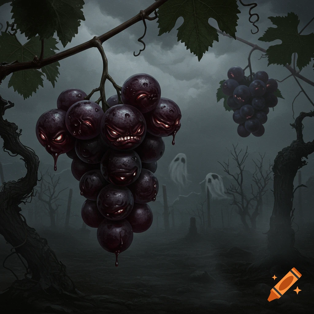 A bunch of dark, monster-faced grapes with glowing eyes and fangs hang from a vine in a spooky, foggy graveyard with ghostly figures.