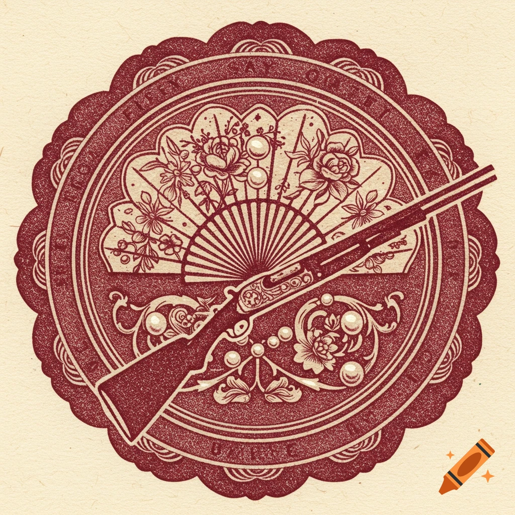 A red stamp design featuring a shotgun overlaid on a floral fan with pearls, set on a textured beige background.