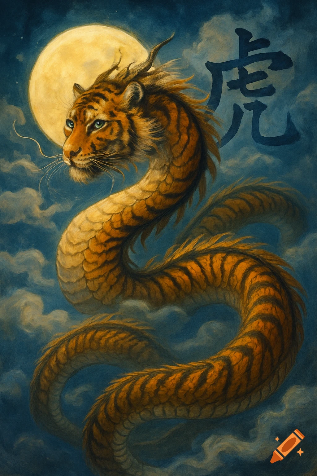 A mythical tiger-dragon hybrid creature with orange stripes and scales, against a full moon and cloudy night sky. A Japanese character for tiger is in the top right.