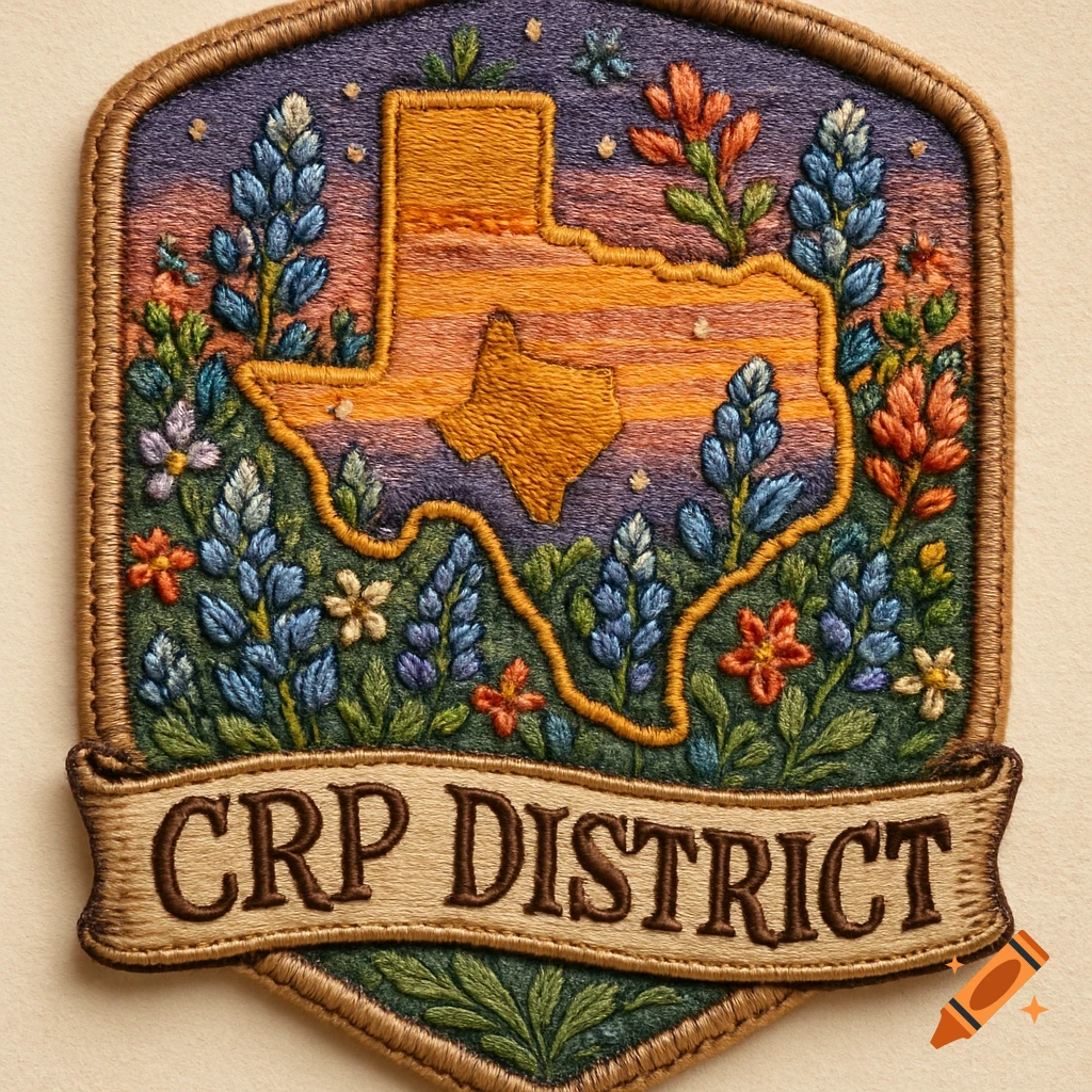 An embroidered shield-shaped patch with the outline of Texas filled by a sunset, surrounded by wildflowers. A banner reads 'CRP DISTRICT'.