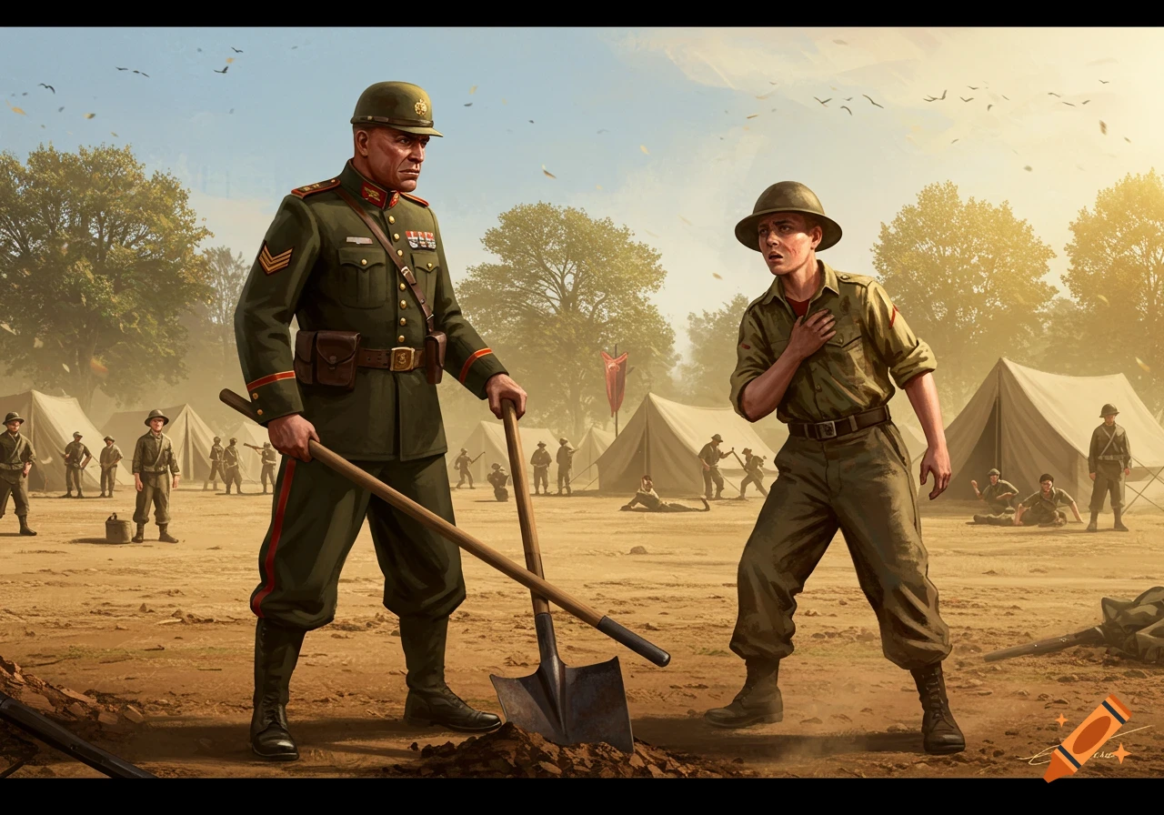 A stern sergeant with shovels stands before a distraught private in a dusty military camp with tents and soldiers. Realistic illustration.