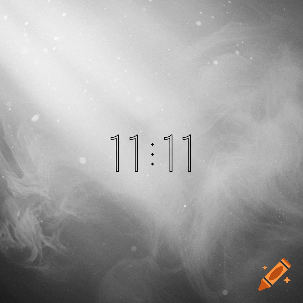 The numbers 11:11 in a minimalist outline font on a smoky, ethereal gray and white background with subtle light rays and speckles.