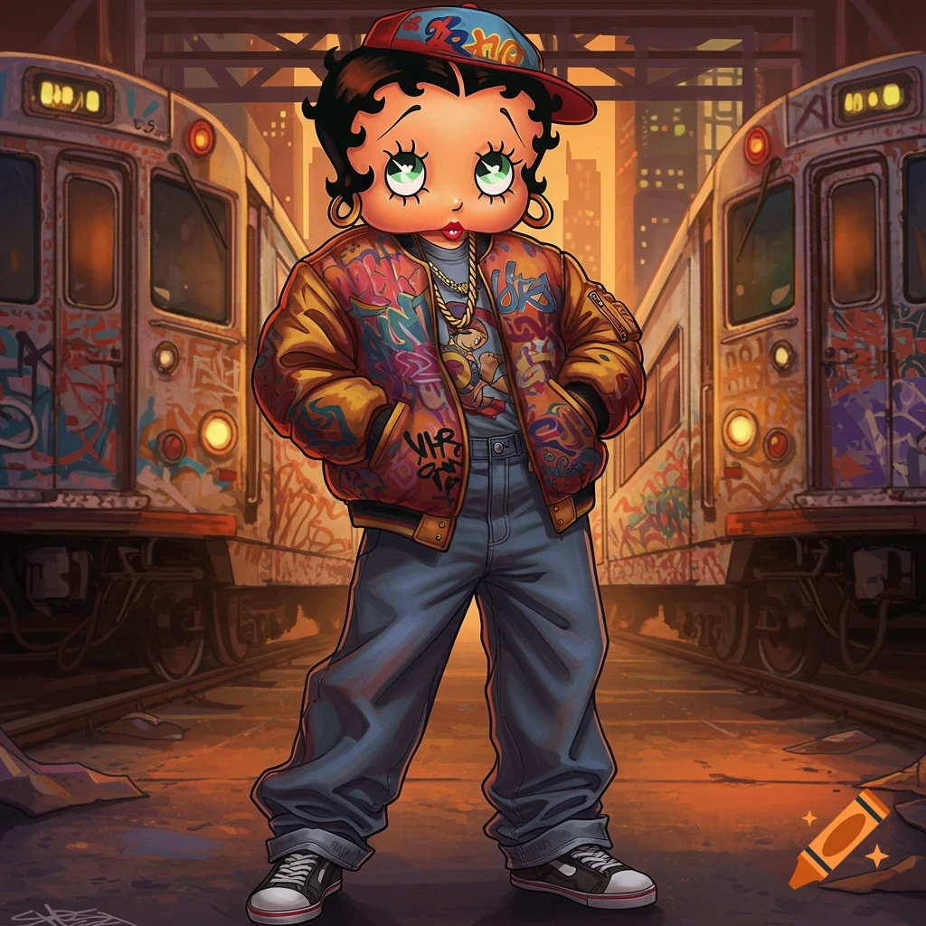 Betty Boop dressed in old-school hip-hop style, wearing a graffiti-covered bomber jacket, baggy jeans, and a baseball cap, standing between two graffiti-covered subway trains at sunset.