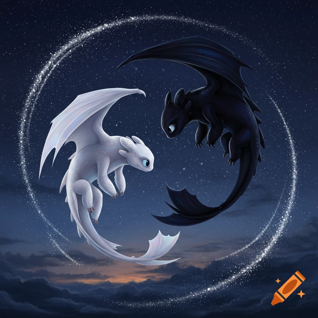 A white Light Fury and a black Night Fury, resembling Toothless, form a yin-yang shape against a starry night sky with sparkling trails.