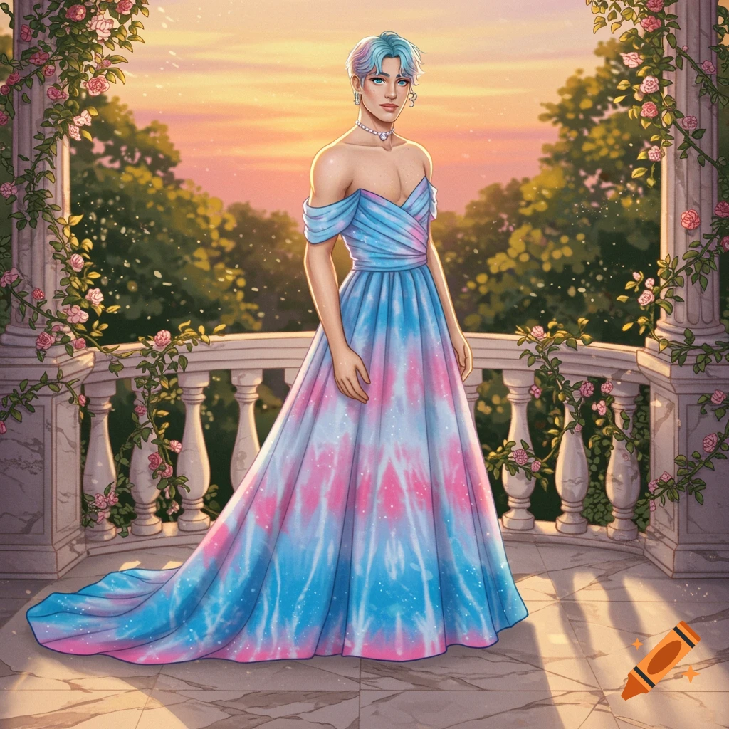 Illustrated person with blue hair in a pink and blue tie-dye ball gown on a rose-covered balcony at sunset.