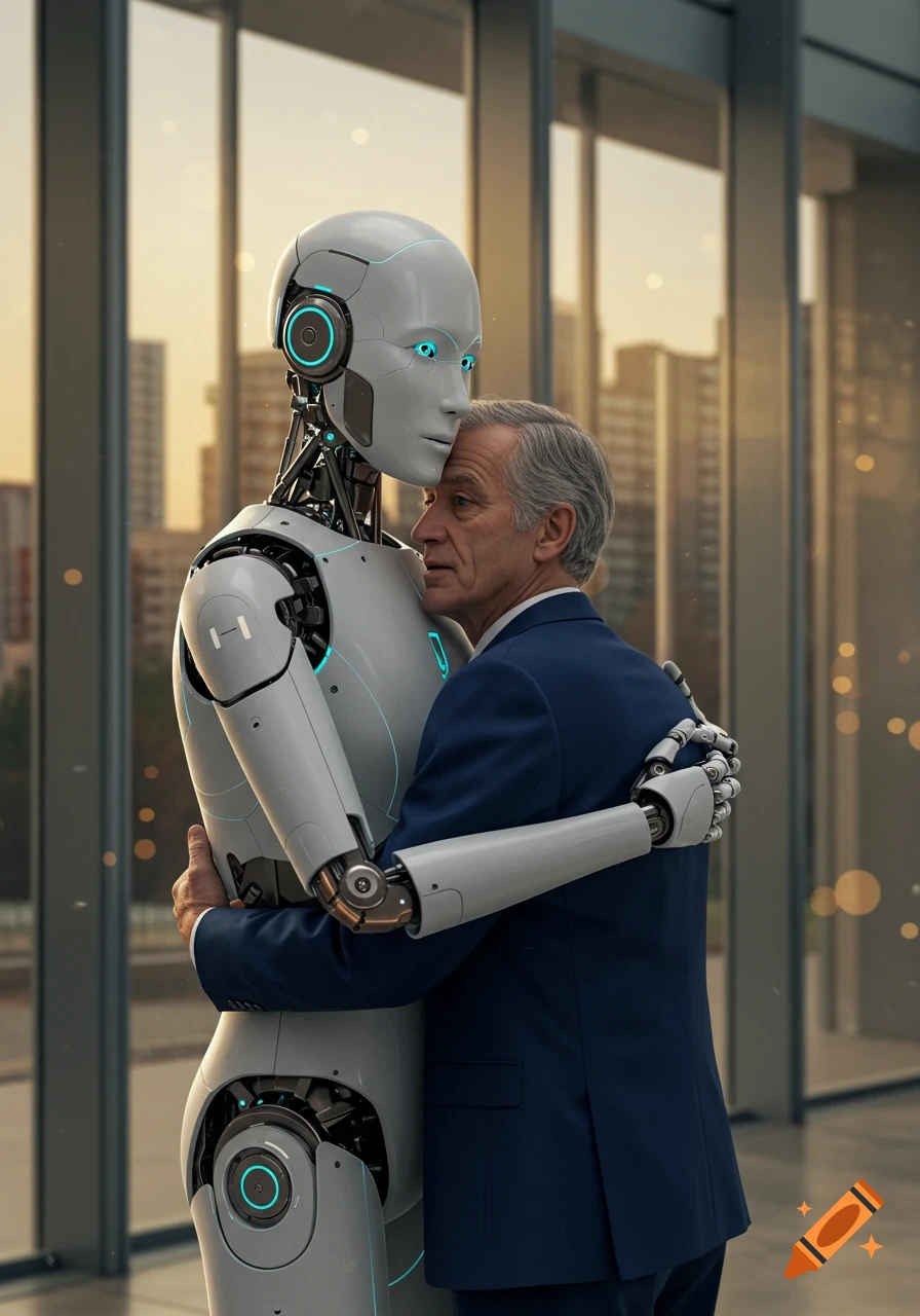 A man in a suit embracing a humanoid robot in a modern building with large windows.