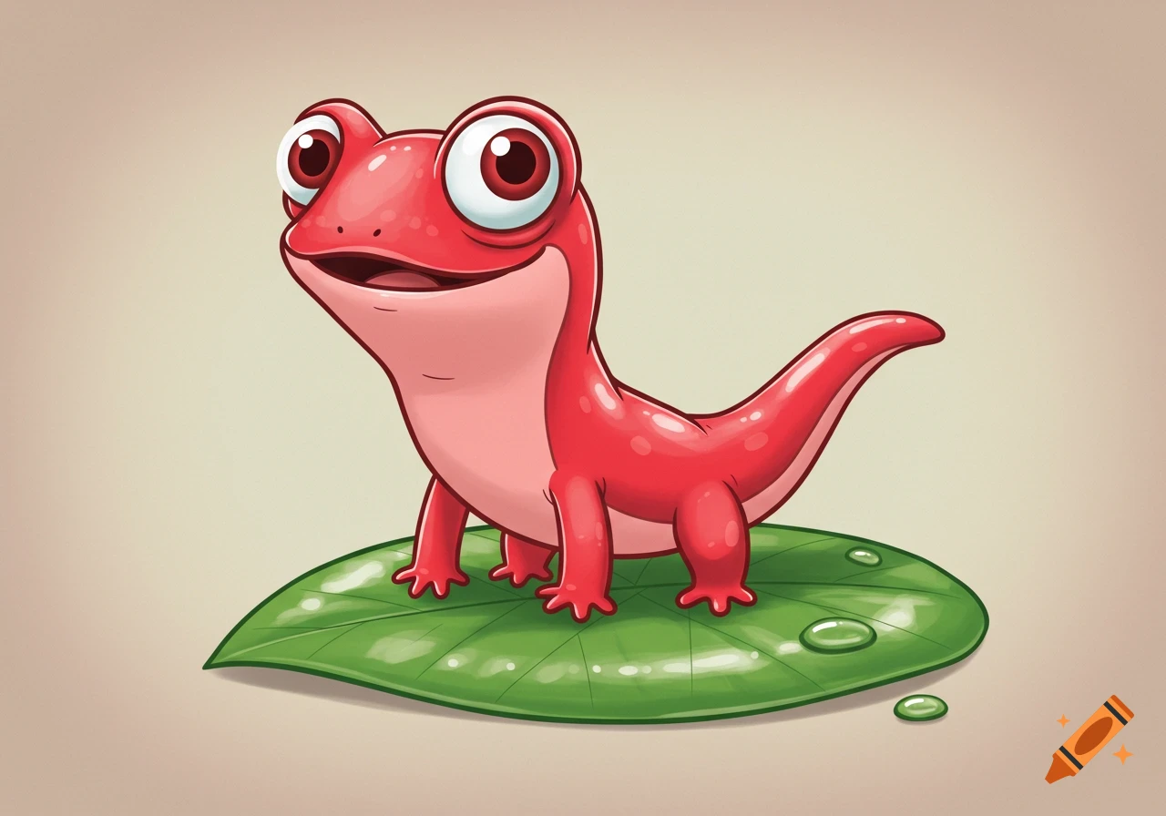 A cute red cartoon salamander with large googly eyes and a wide smile, sitting on a green leaf with water drops.