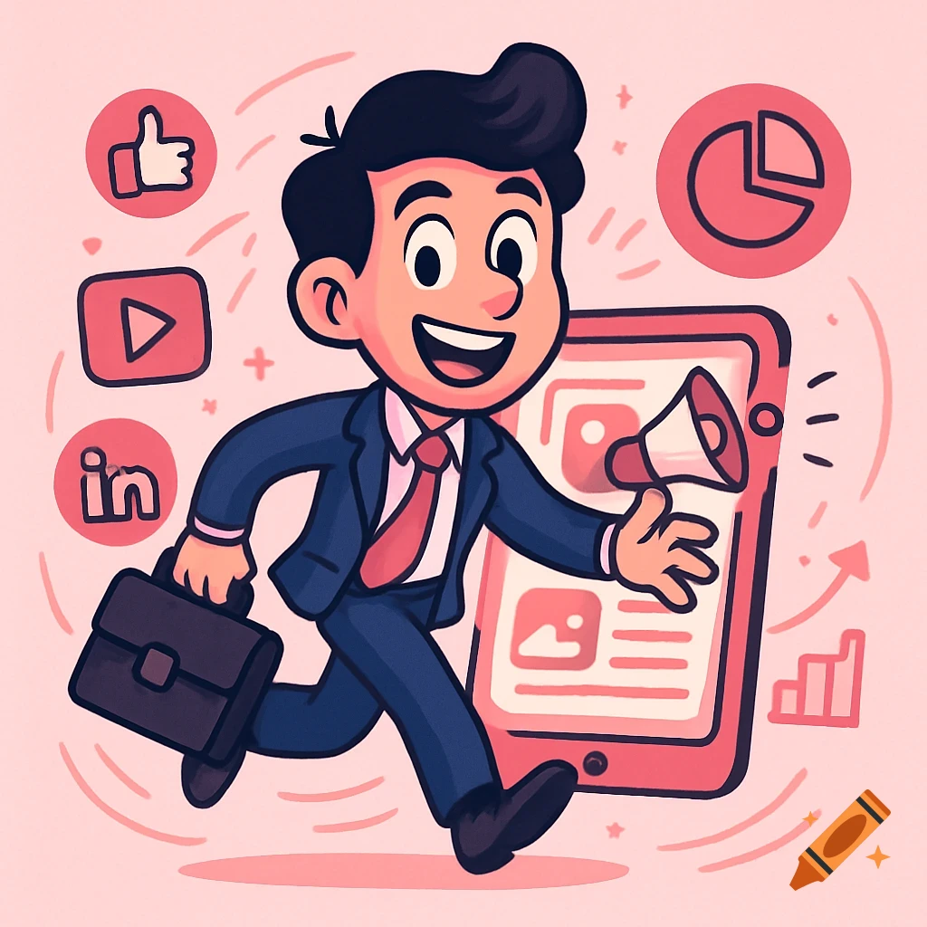Cartoon illustration of a smiling businessman running with a briefcase, surrounded by social media icons and marketing graphics.