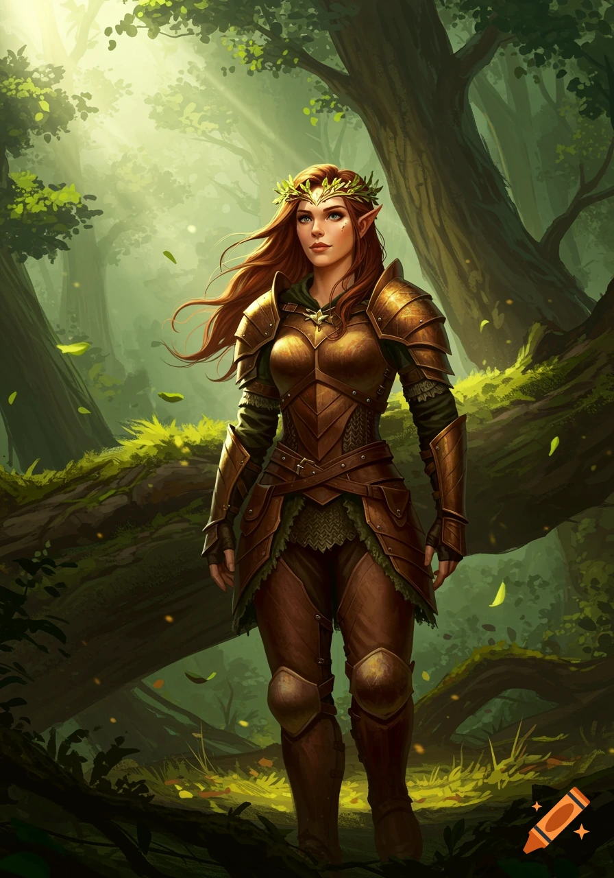 A fantasy woman with long red hair and pointed ears, wearing gold and brown armor and a leaf crown, stands in a sun-dappled forest.