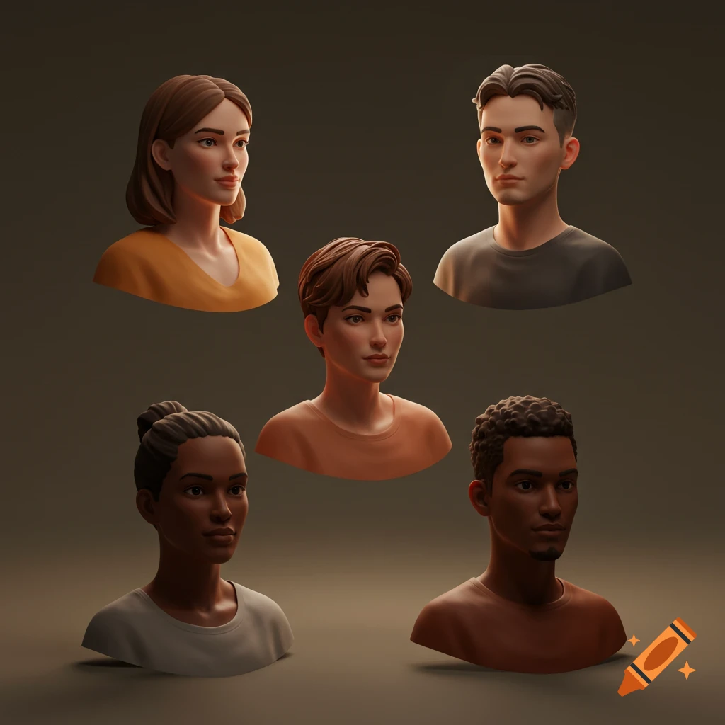 Five stylized 3D rendered busts of diverse people arranged in a tiered pattern.