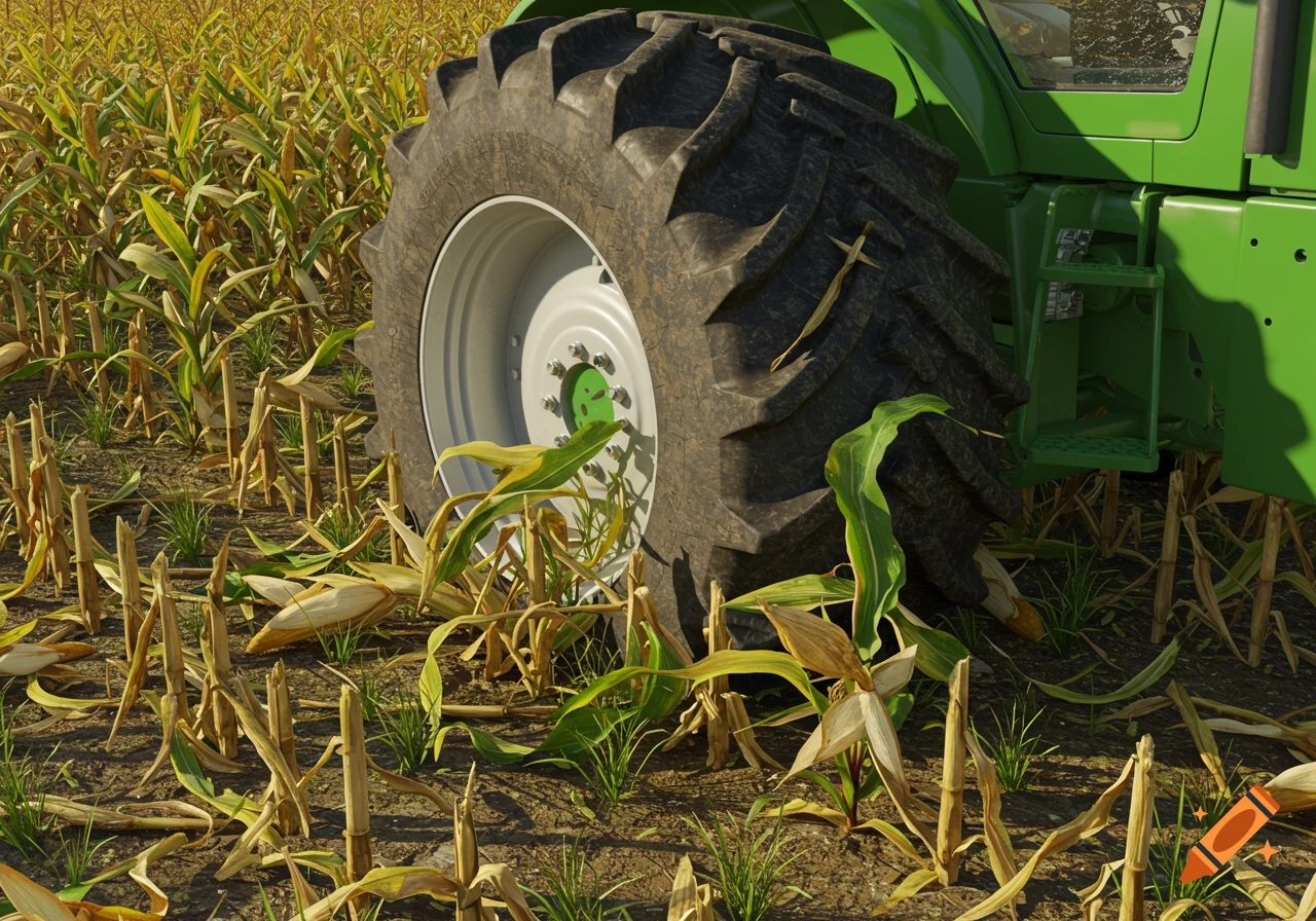 Close-up, photorealistic view of a large tractor tire amidst green and dry corn stalks in a field.