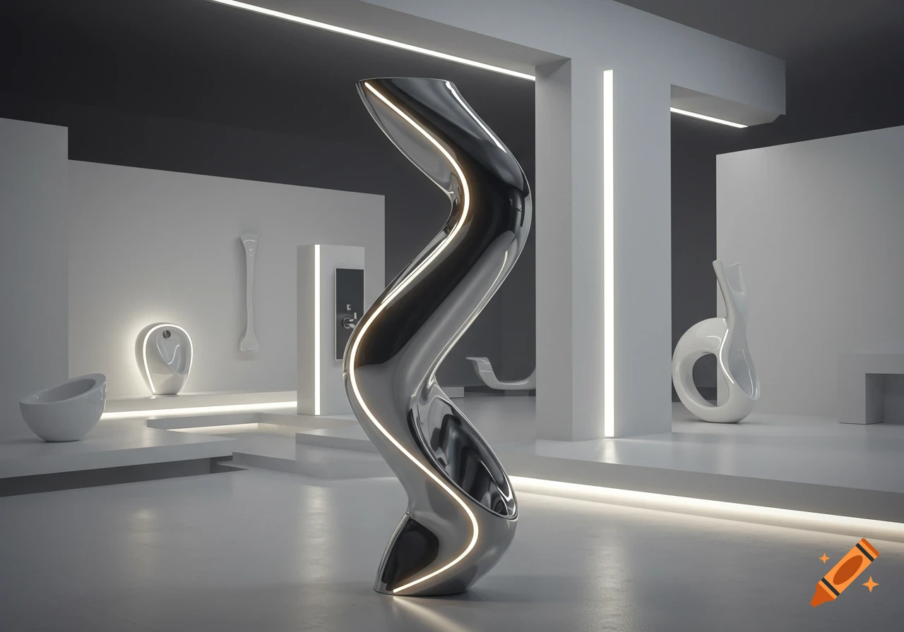 A tall, reflective, S-shaped chrome sculpture with glowing light strips in a minimalist, modern white interior with abstract fixtures.