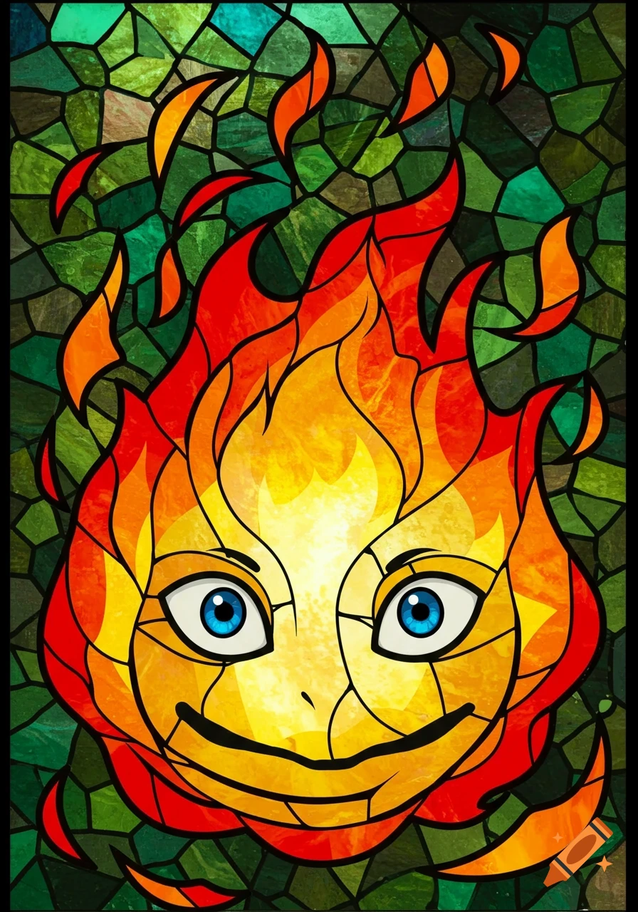A stained glass artwork of Calcifer, the fire demon from Howl's Moving Castle, smiling with blue eyes.