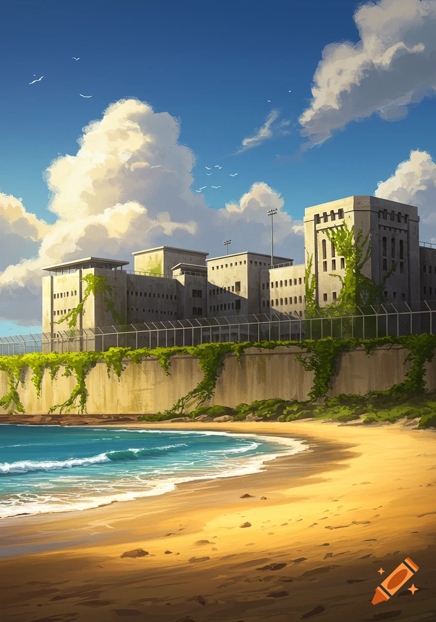 A concrete prison covered in green vines sits on a sunny beach next to blue ocean waves under a bright sky with large clouds.