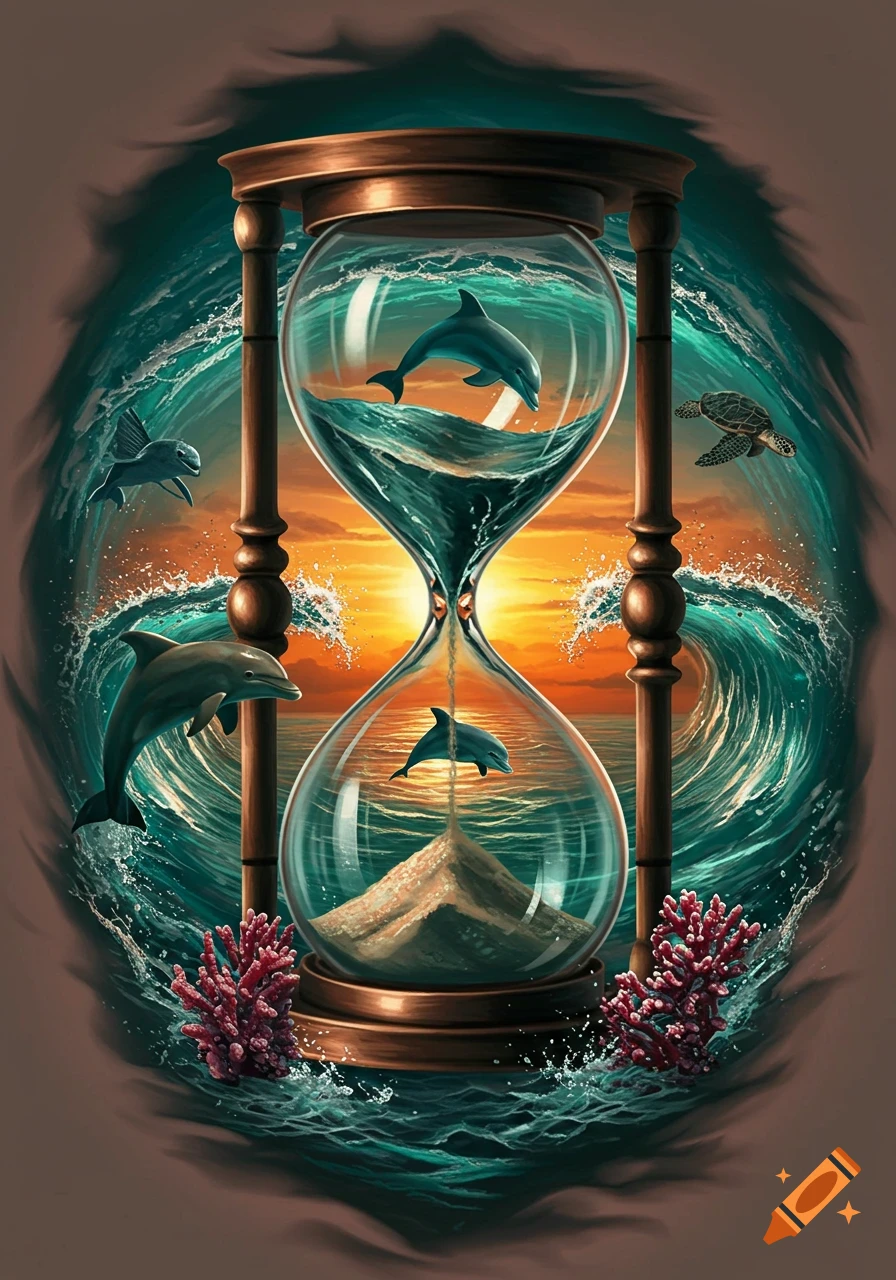 An artistic hourglass depicts ocean waves and dolphins flowing like sand, with a sea turtle and coral against a sunset.